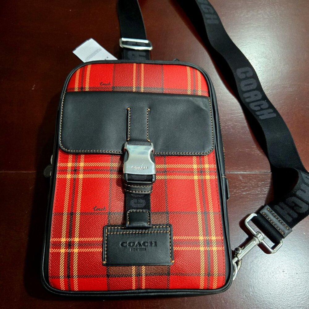 COACH Leather Track Pack With Plaid Print